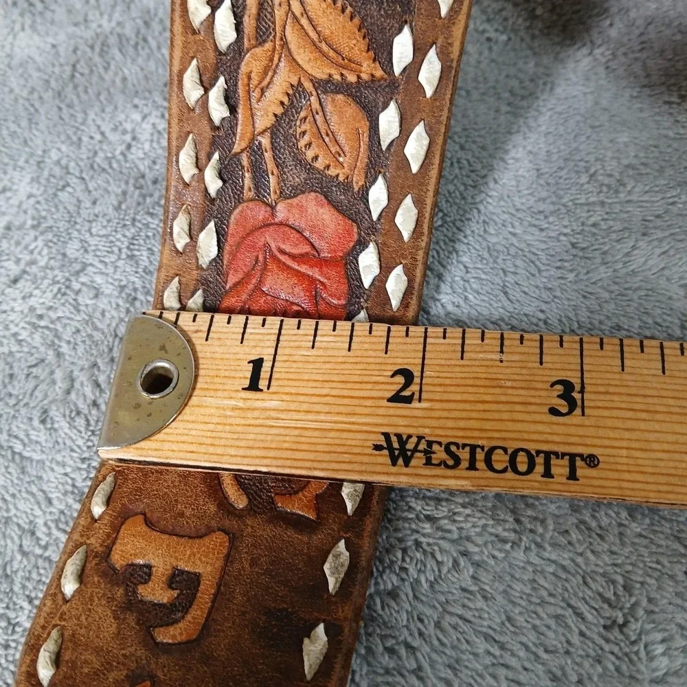 Vintage Dale Western Belt & Buckle Mens Floral Tooled Leather Inlay Chip 